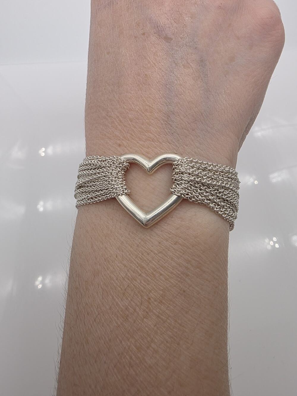 Tiffany & Co. Sterling Silver Multi-Strand Mesh Open Heart Toggle Bracelet 7.5’’